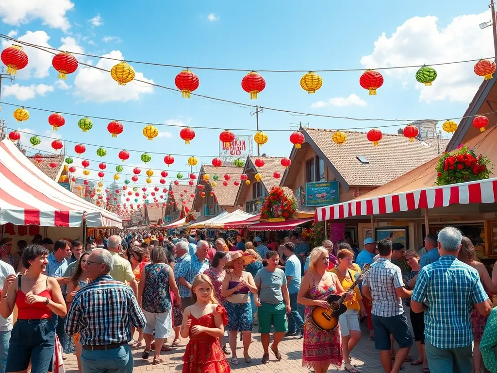 A vibrant image of a local festival in Roquettes, with people of all ages enjoying traditional music, dance, and food. The scene is lively and colorful, capturing the spirit of community celebration.