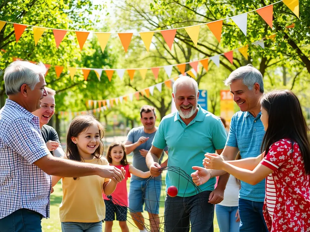 A photograph of a community gathering in Roquettes, featuring residents participating in a fun activity or game. The atmosphere is friendly and inclusive, showcasing the spirit of togetherness.